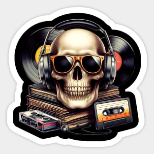 Skull head with headphones and sunglasses in a retro style. Sticker